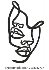 Face. Double face. Girl's face. Liner Vector illustration. Thoughtful girl with confused thoughts and feelings. One line drawing, print for clothes or tattoo.