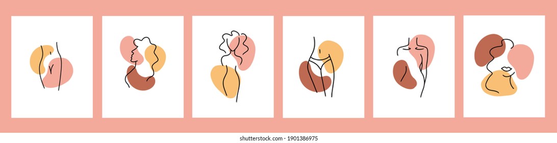 Face drawing contemporary portrait set line art isolated on white background. Beige brown yellow abstract shapes. Woman body figure minimalism. Posters with masks, hair elegant highlight concepts. 