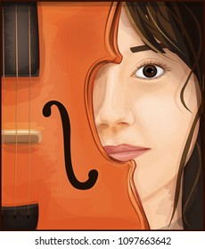 Face drawing. Girl and the violin. Face. Vector girl. Face vector. Beautiful girl. Musical instrument