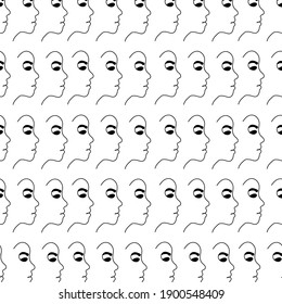 face drawing seamless pattern background. Portrait of a woman face black and white