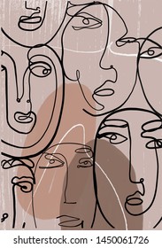 Face drawn in one continuous line in abstract cubism style. Creative freehand contemporary collage with avatar human on colorful textures