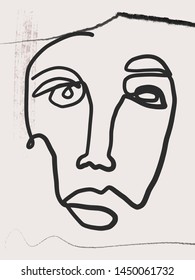 Face drawn in one continuous line in abstract cubism style. Creative freehand contemporary collage with avatar human on colorful textures