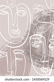 Face drawn in one continuous line in abstract cubism style. Creative freehand contemporary collage with avatar human on colorful textures