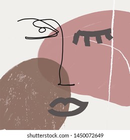 Face drawn in one continuous line in abstract cubism style. Creative freehand contemporary collage with avatar human on colorful textures