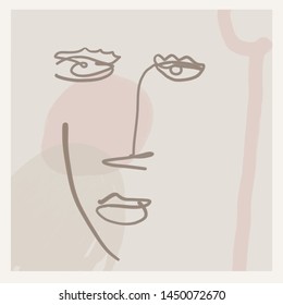 Face drawn in one continuous line in abstract cubism style. Creative freehand contemporary collage with avatar human on colorful textures