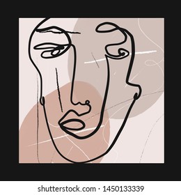 Face drawn in one continuous line in abstract cubism style. Creative freehand contemporary collage with avatar human on colorful textures