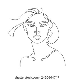 La cara está dibujada con una línea. Esbozo de línea continua minimalista de la cara de una mujer. Ilustración vectorial de contorno blanco y negro de retrato femenino. Logo de la chica de arte moderno en el salón de belleza