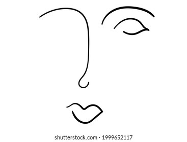 the face is drawn in the style of line art, isolated on a white background. Design element black contour girl face