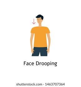 Face drooping - first warning sign of stroke and heart attack. Young cartoon man with down arrow on sad face, awareness of emergency care for medical brain disease - isolated flat vector illustration