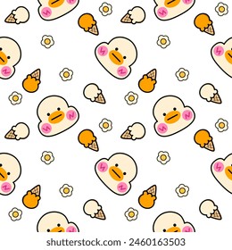 Face duck cartoon so cute. On ice cream flower white background. Pattern seamless vector illustration. 
