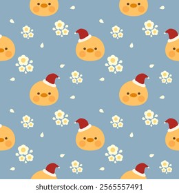 Face duck cartoon so cute. On flower leaf light blue background. Pattern seamless vector illustration. 