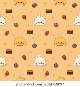 Face duck cartoon so cute. On ice cream cookie hamburger yellow background. Pattern seamless vector illustration. 