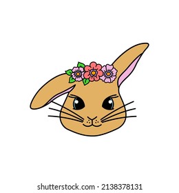 The face of the Easter Bunny with flowers on its head. Cute hand drawn vector illustration. Isolated white background. For Easter decor, cutout files