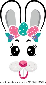 The face of the Easter bunny with a wreath of eggs on white isolated background