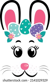 The face of the Easter bunny with a wreath of eggs on white isolated background