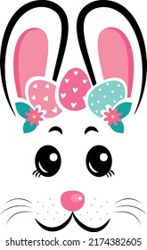 The face of the Easter bunny with a wreath of eggs on white isolated background