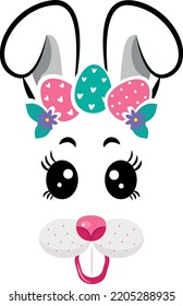 The face of the Easter bunny with a wreath of eggs on white isolated background