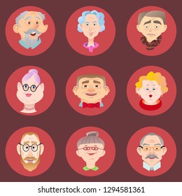 Face of elder people icons set in flat style. Pensioner head collection. Isolated avatar in circle