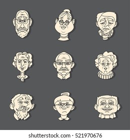 Face of elder people icons set in line style. Pensioner head collection. Isolated avatar on black background
