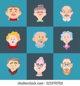 Face of elder people icons set in flat style. Pensioner head collection. Isolated avatar