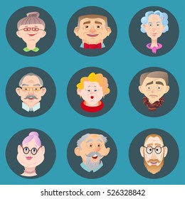 Face of elder people icons set in flat style. Pensioner head collection. Isolated avatar in circle