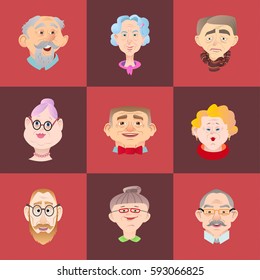 Face of elder people icons set in flat style. Pensioner head collection. Isolated avatar
