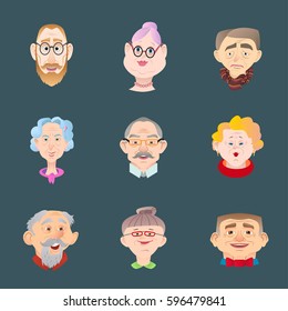Face of elder people icons set in flat style. Pensioner head collection. Avatar on blue background