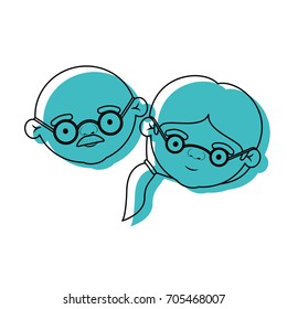 face of elderly couple bald grandfather with moustache and grandmother with glasses and side ponytail hairstyle in blue watercolor silhouette vector illustration