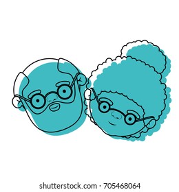face of elderly couple grandfather with beard and grandmother with glasses and curly bun hairstyle in blue watercolor silhouette vector illustration