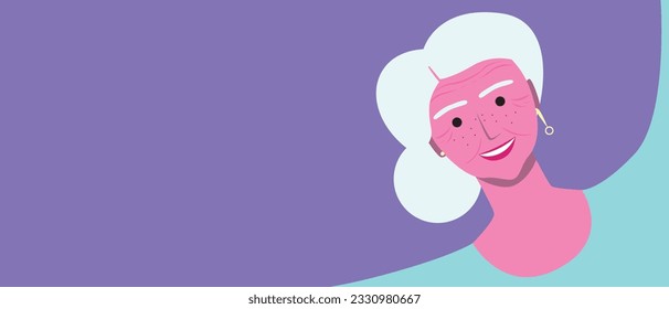 The face of an elderly person with freckles and tropical leaves, a woman as a copy space template for design or flat vector stock illustration