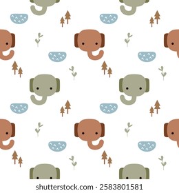 Face elephant red and green cartoon so cute. On tree swamp white background. Pattern seamless vector illustration. 