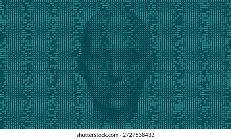 Face emergindo de uns e zeros negras, conceito de matriz digital no fundo escuro