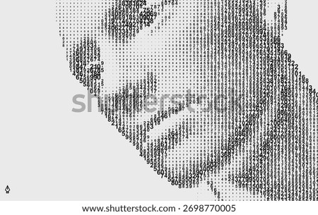 A face emerging through a cascading digital code matrix. Concept of digitalization and artificial intelligence. 3D vector illustration for a brochure, poster, presentation, flyer, or banner.