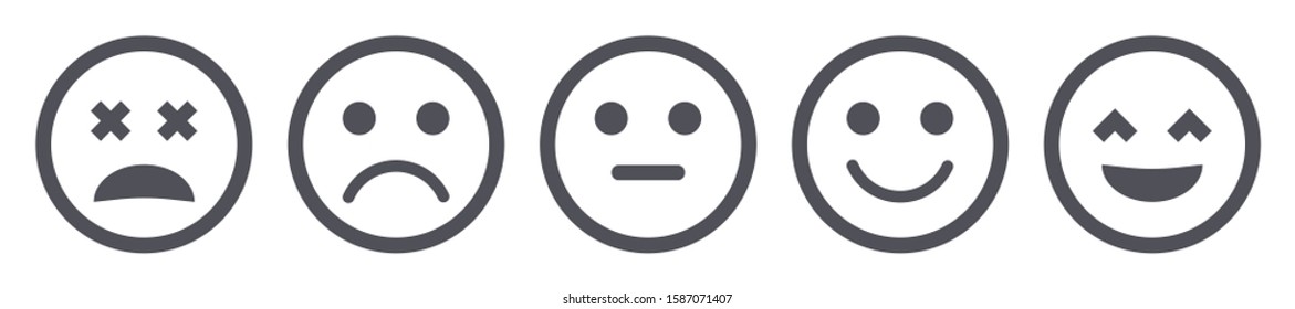 Face emoji expressions icon set vector illustration. Positive, neutral and negative rate icons (different moods). Black survey outline buttons for customer opinion. User experience feedback concept.