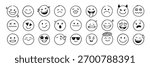 Face emoji icon set. Hand drawn doodle sketch style happy, angry, sad mood face emoticon background. Funny cartoon characters smile, wink, kiss emoji. Cute circle emotion element. Vector illustration
