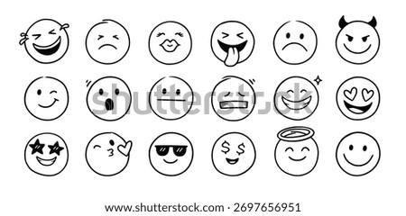 Face emoji icon set. Hand drawn doodle sketch style happy, angry, sad mood face emoticon background. Funny cartoon characters smile, wink, kiss emoji. Cute circle emotion element. Vector illustration