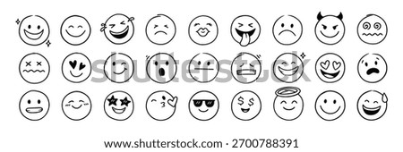 Face emoji icon set. Hand drawn doodle sketch style happy, angry, sad mood face emoticon background. Funny cartoon characters smile, wink, kiss emoji. Cute circle emotion element. Vector illustration