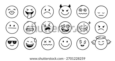 Face emoji icon set. Hand drawn doodle sketch style happy, angry, sad mood face emoticon background. Funny cartoon characters smile, wink, kiss emoji. Cute line emotion element. Vector illustration