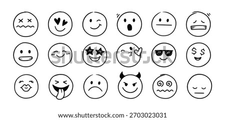Face emoji icon set. Hand drawn doodle sketch style happy, angry, sad mood face emoticon background. Funny cartoon characters smile, wink, kiss emoji. Cute line emotion element. Vector illustration