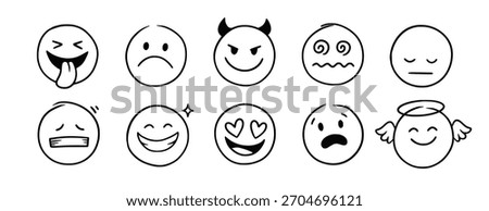 Face emoji icon set. Hand drawn doodle sketch style happy, angry, sad mood face emoticon background. Funny cartoon characters smile, wink, kiss emoji. Cute line emotion element. Vector illustration