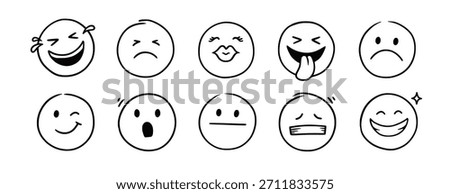 Face emoji icon set. Hand drawn doodle sketch style happy, angry, sad mood face emoticon background. Funny cartoon characters smile, wink, kiss emoji. Cute circle emotion element. Vector illustration