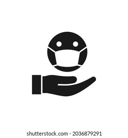 Face emoji wearing facemask on hand icon flat style isolated on white background. Vector illustration