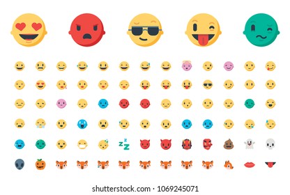 Face emojis, emoticons, stickers, emotions flat vector illustration symbols. Faces, feelings, shy, embarrassed, smile, mood, joke, lol, laugh, cry, happy, smileys icons set, collection