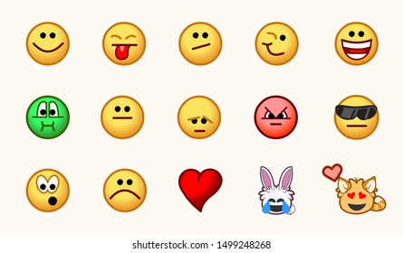 Face emojis, emoticons vector illustrations set. Faces, feelings, situations, shy, embarrassed, smile, mood, heart, heart eyes, joke, lol, laugh, crying symbols collection.