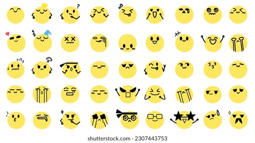 Face emoticons in a cartoon style, Hand drawn with flat design, emoji, and vector illustration icons set.