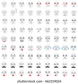 Face emoticons set. All kinds of emoji like happiness, sadness, anger and other emotions. For avatar, stickers and more.