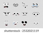 Face emotions, comic expressions, cute crazy eyes collection isolated. Doodle smiley mood comic design elements. Emotional comic face with eyes, mouths, tongue and teeth.