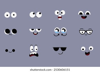 Emoções de rosto, expressões cômicas, coleção de olhos loucos bonitos isolados. Desenhar elementos de design cômico com humor sorridente. Rosto cômico emocional com olhos, bocas, língua e dentes.