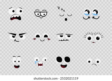 Emoções de rosto, expressões cômicas, coleção de olhos loucos bonitos isolados. Desenhar elementos de design cômico com humor sorridente. Rosto cômico emocional com olhos, bocas, língua e dentes.