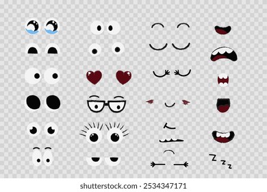 Face emotions, comic expressions, cute crazy eyes collection isolated. Doodle smiley mood comic design elements. Emotional comic face with eyes, mouths, tongue and teeth.